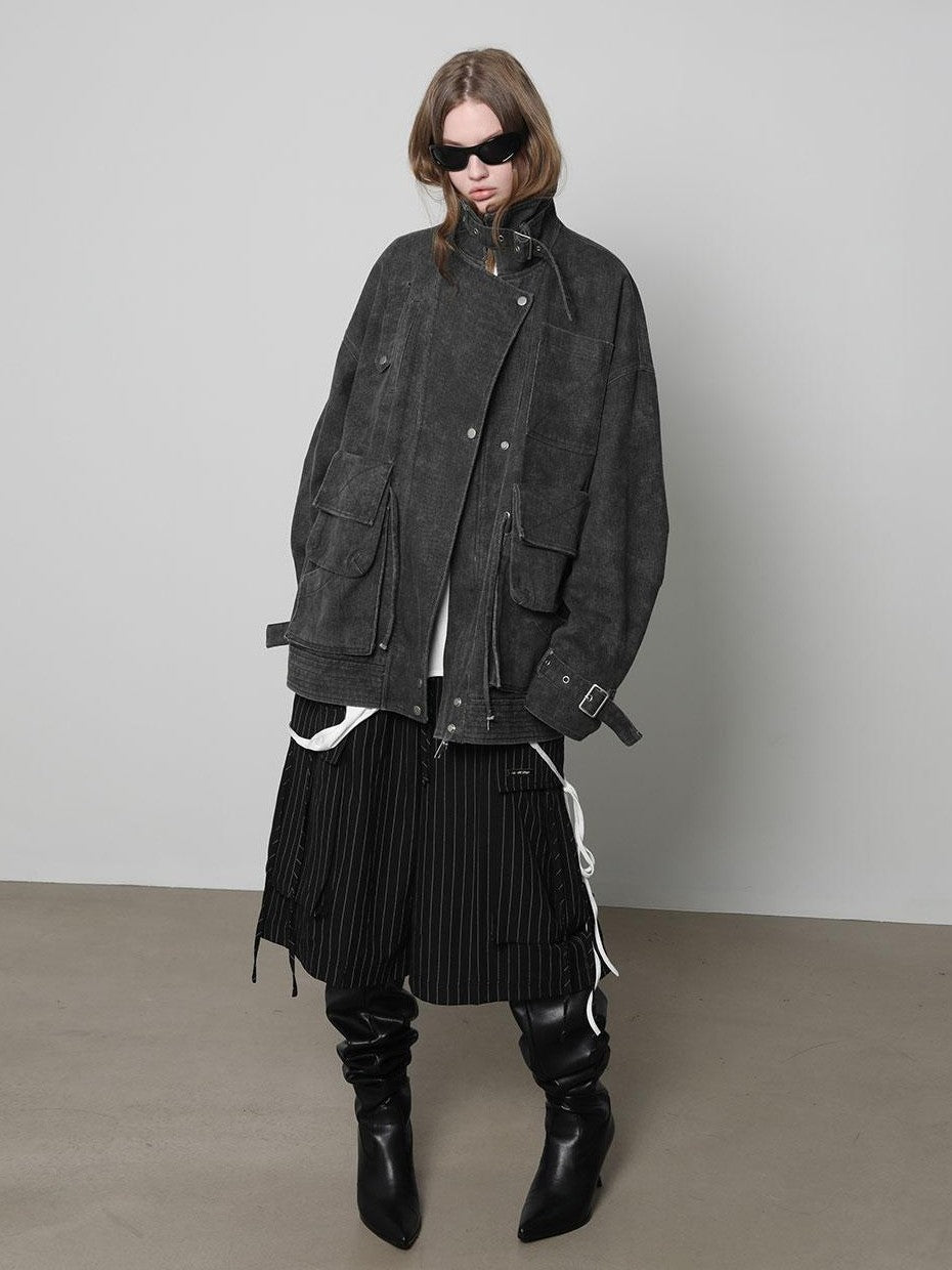 ANYQUESTION Distressed Deconstructed Stand Collar Long Sleeve Cotton Women&