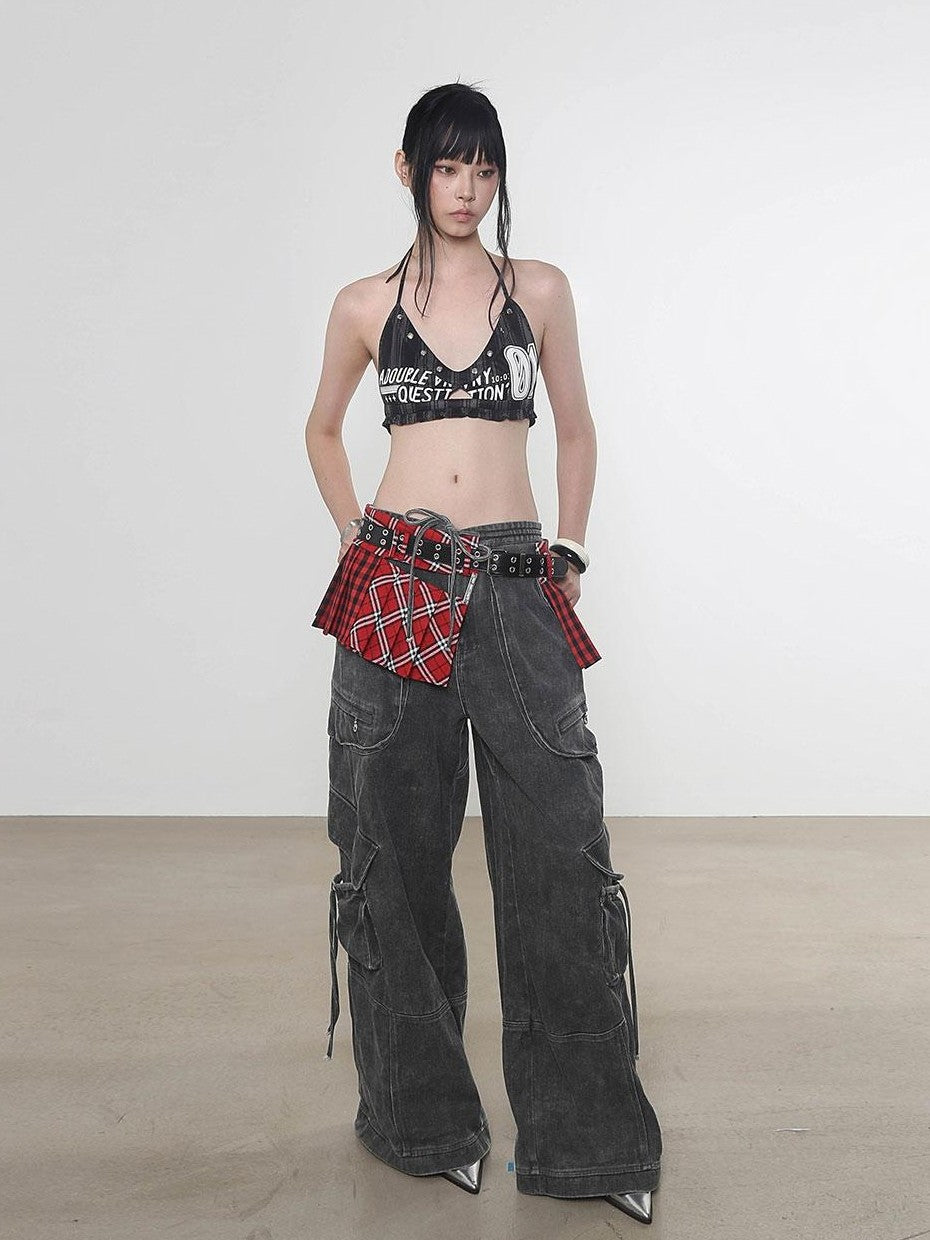 ANYQUESTION Four Color Printed Studded Halter Women&