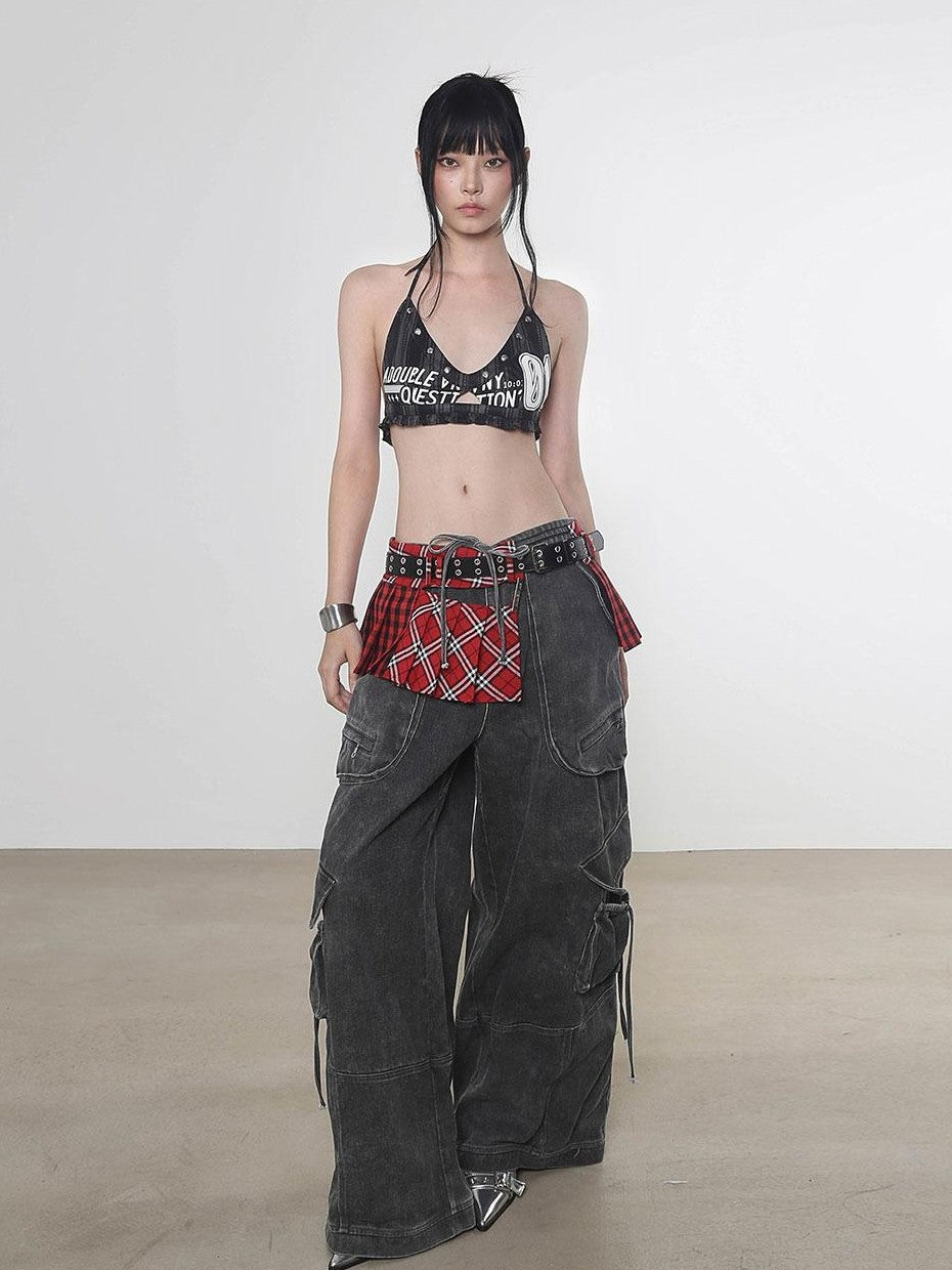 ANYQUESTION Four Color Printed Studded Halter Women&
