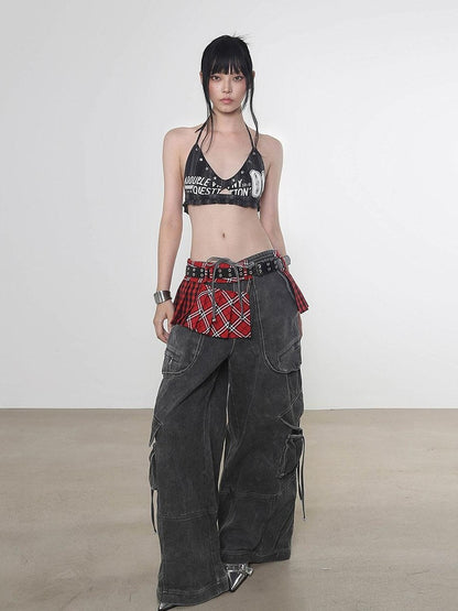 ANYQUESTION Four Color Printed Studded Halter Women&