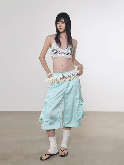 ANYQUESTION Four Color Printed Studded Halter Women&