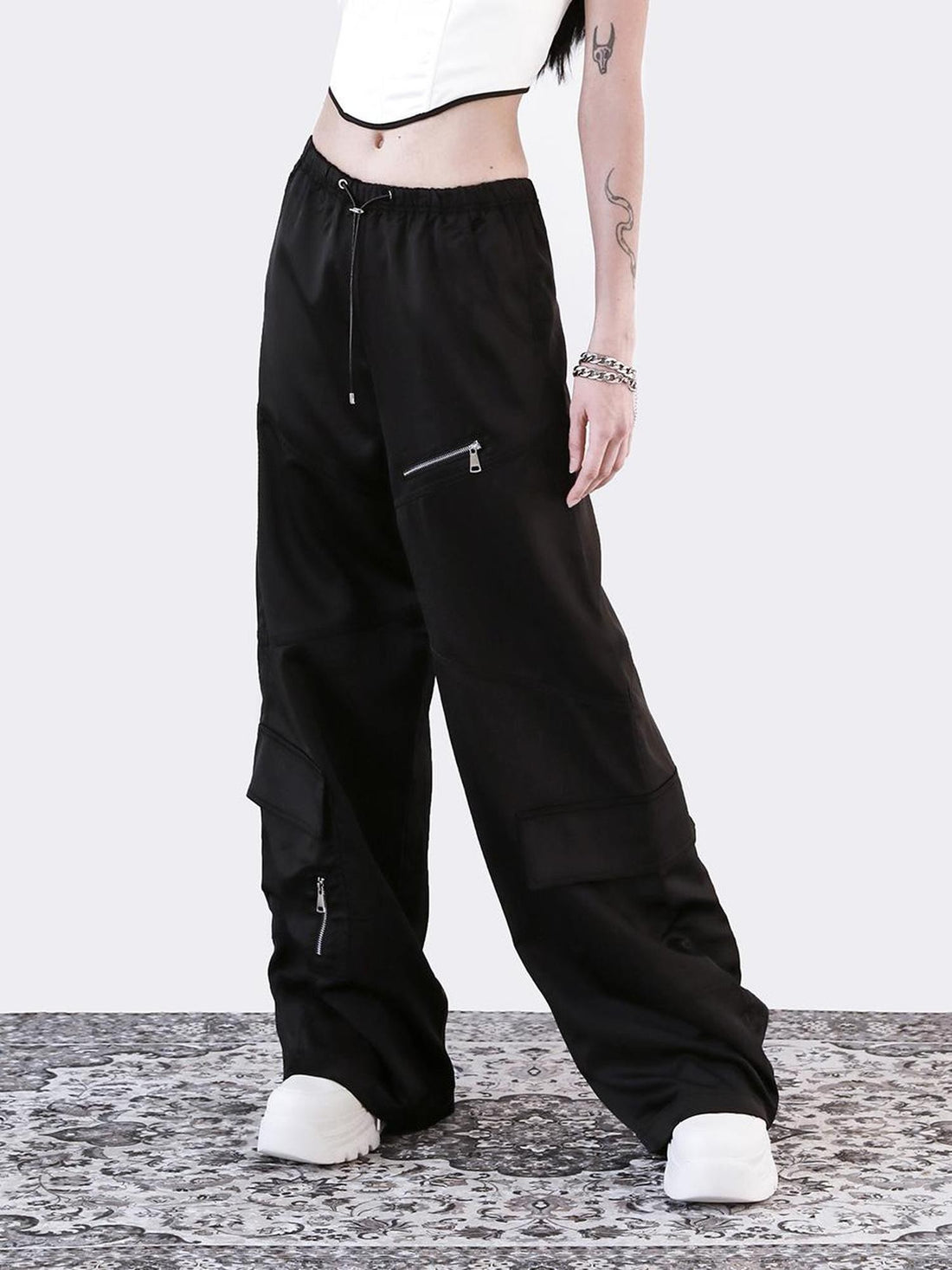 ANYQUESTION Glossy Black Acetate Zipper Drawstring Elastic Waist Women&