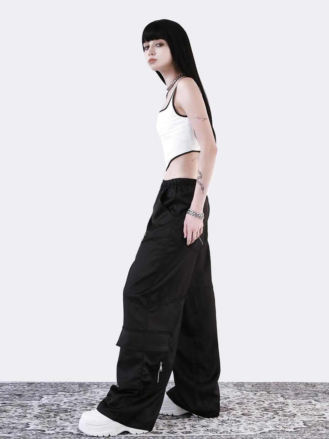 ANYQUESTION Glossy Black Acetate Zipper Drawstring Elastic Waist Women&