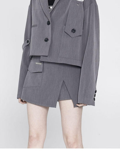 ANYQUESTION Gray Asymmetric Patch Pocket Blazer Style High Waist Mini Street Women&