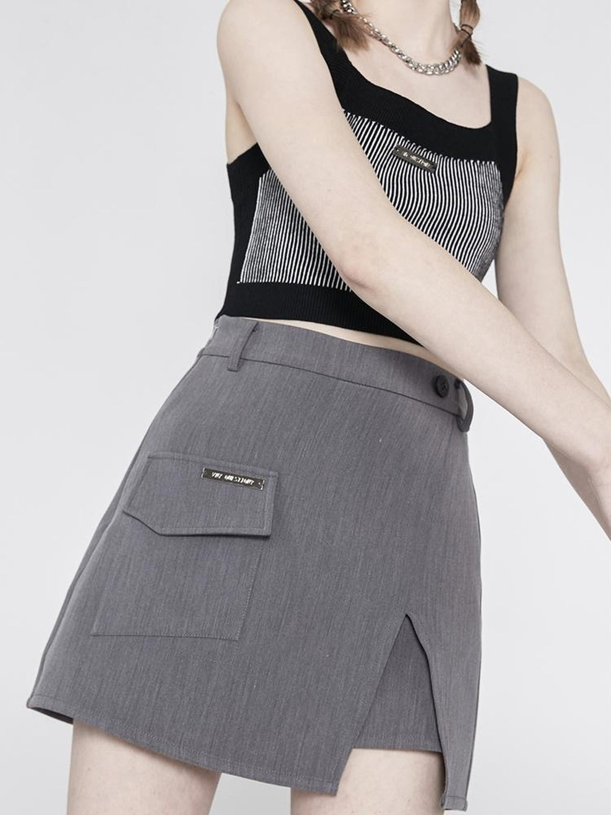 ANYQUESTION Gray Asymmetric Patch Pocket Blazer Style High Waist Mini Street Women&