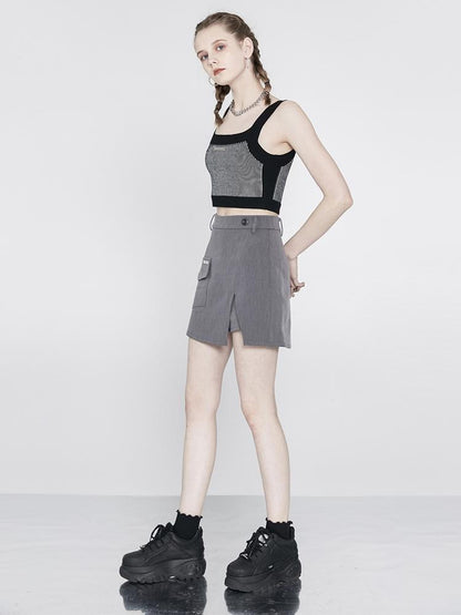 ANYQUESTION Gray Asymmetric Patch Pocket Blazer Style High Waist Mini Street Women&