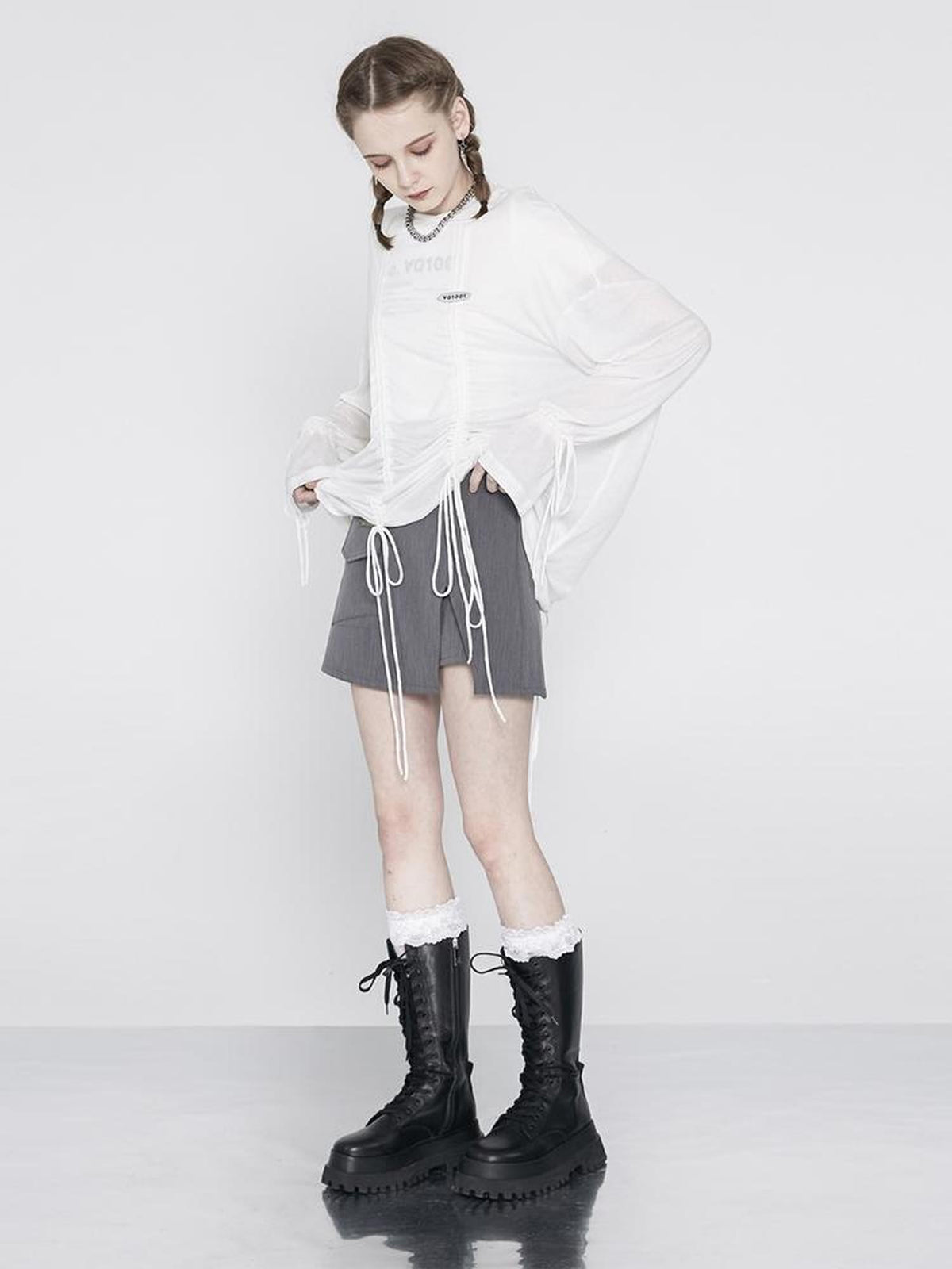 ANYQUESTION Gray Asymmetric Patch Pocket Blazer Style High Waist Mini Street Women&