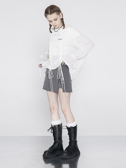 ANYQUESTION Gray Asymmetric Patch Pocket Blazer Style High Waist Mini Street Women&