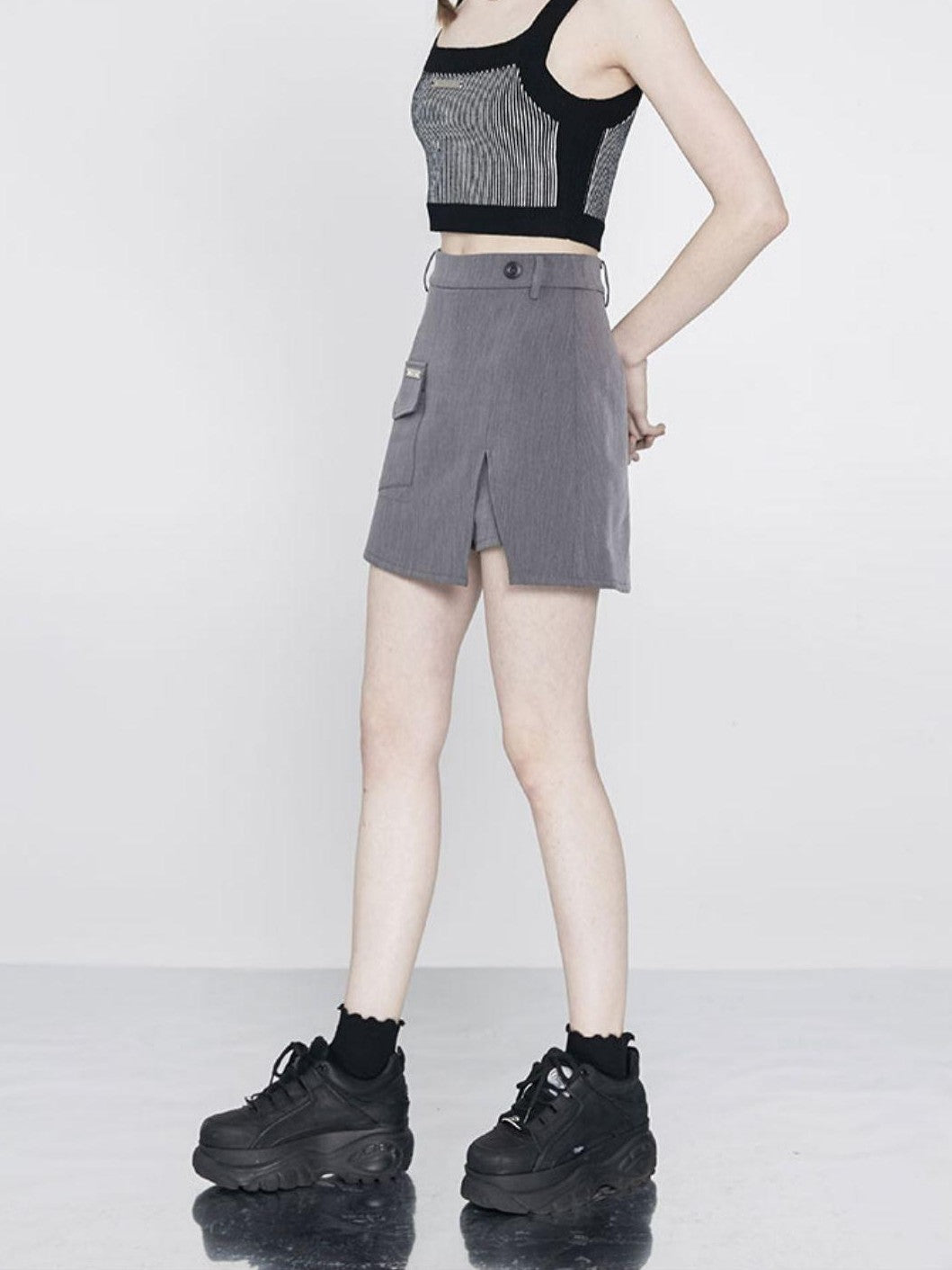 ANYQUESTION Gray Asymmetric Patch Pocket Blazer Style High Waist Mini Street Women&