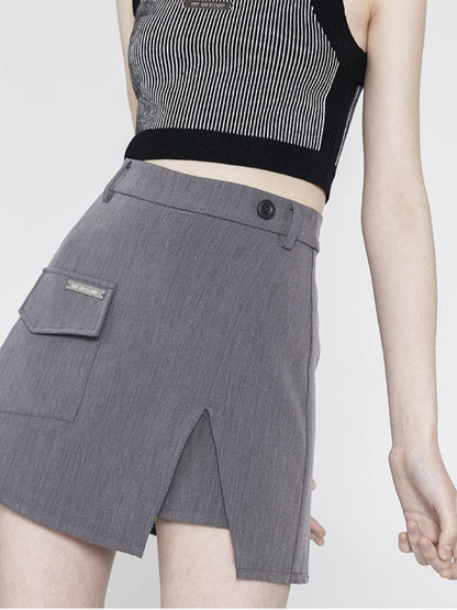 ANYQUESTION Gray Asymmetric Patch Pocket Blazer Style High Waist Mini Street Women&