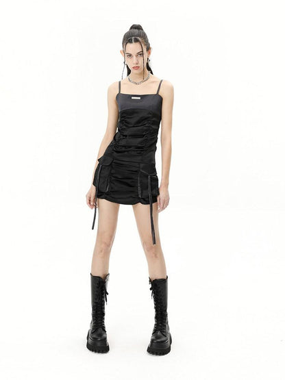 ANYQUESTION Gray Black Colorblock Ruched Cami Pockets Women&