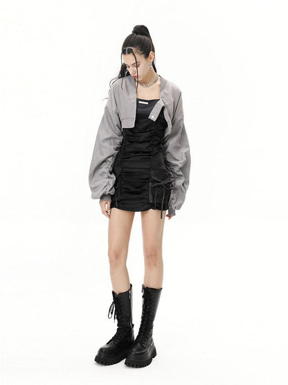 ANYQUESTION Gray Black Colorblock Ruched Cami Pockets Women&