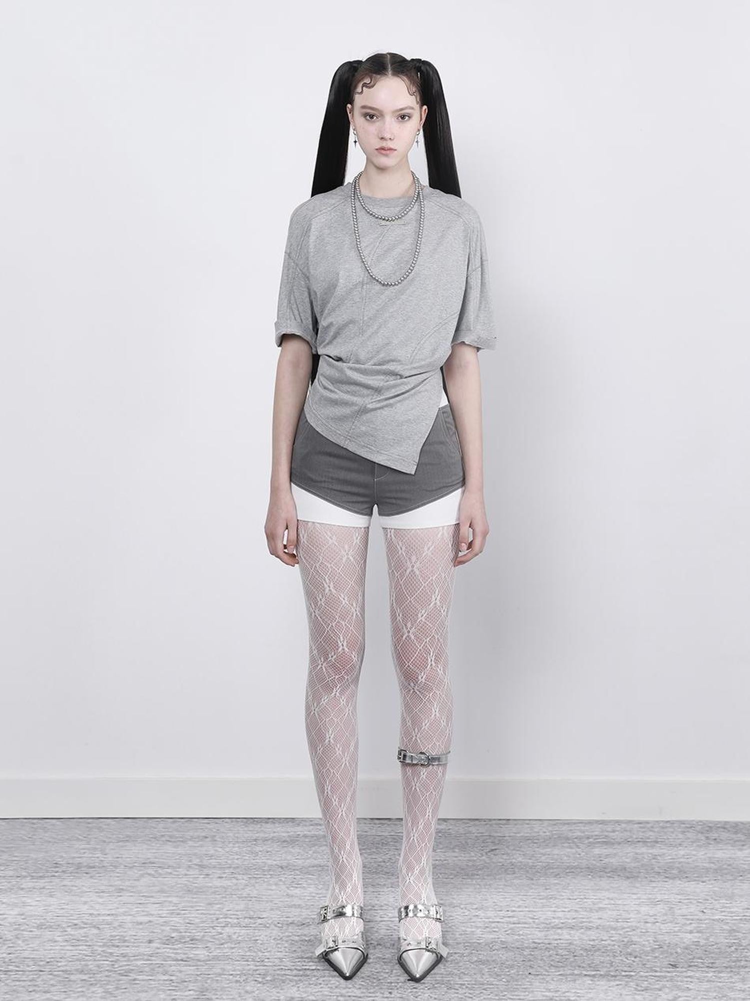 ANYQUESTION Gray Deconstructed Topstitch Shoulder Cutout Women&
