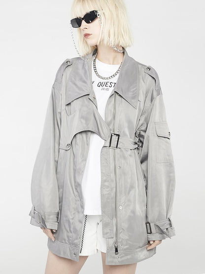 ANYQUESTION Gray Deconstructed Utility Patchwork Midlength Street Women&