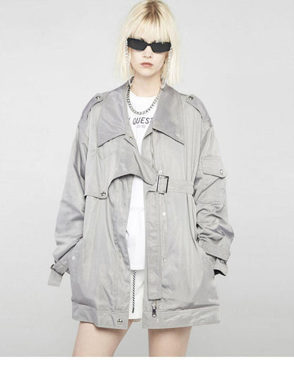ANYQUESTION Gray Deconstructed Utility Patchwork Midlength Street Women&