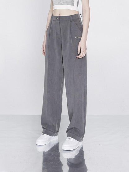 ANYQUESTION Gray High Waist Cinched Waistline Slimming Cuffed Wide Leg Women&
