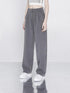 ANYQUESTION Gray High Waist Cinched Waistline Slimming Cuffed Wide Leg Women&