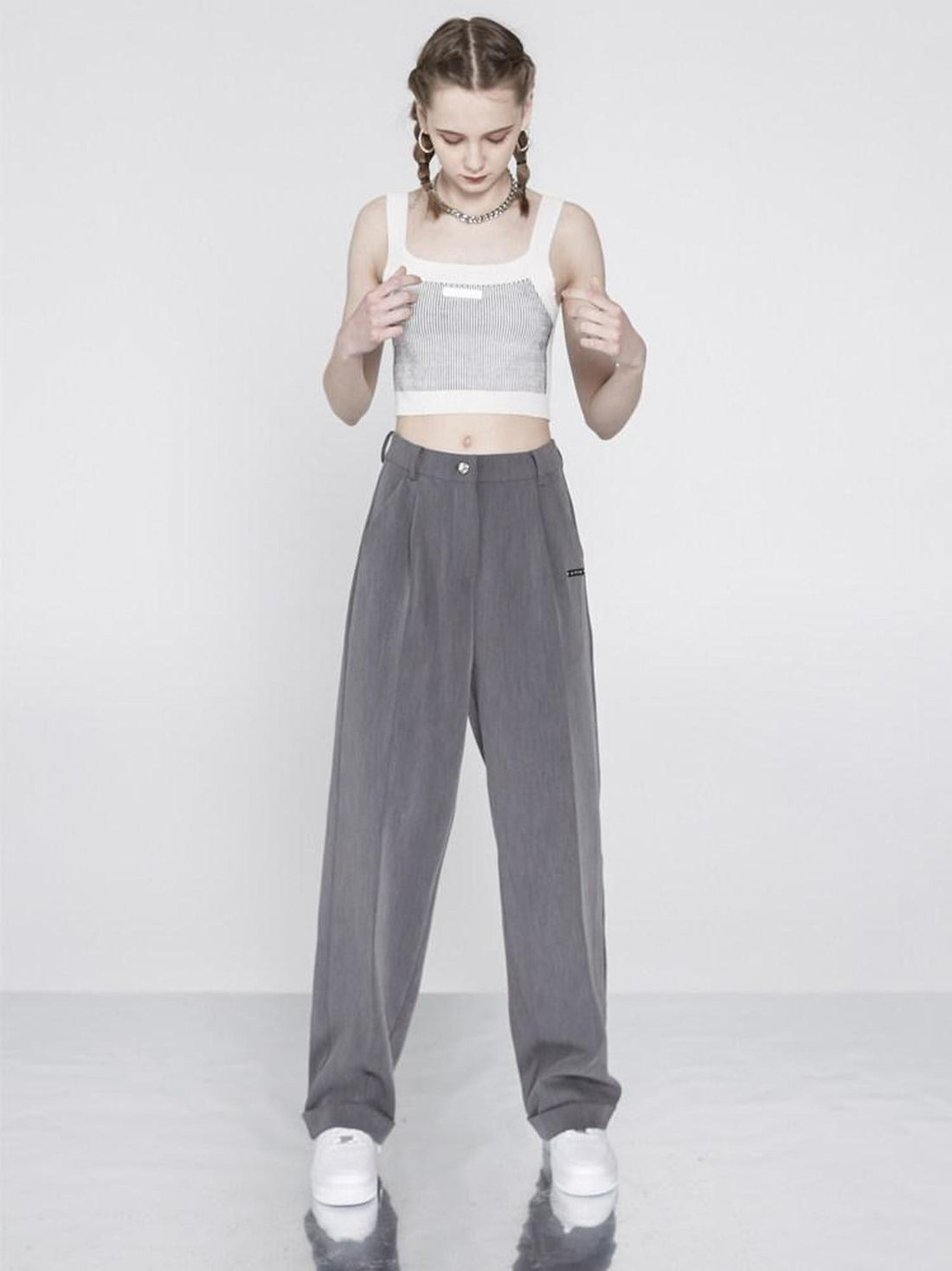 ANYQUESTION Gray High Waist Cinched Waistline Slimming Cuffed Wide Leg Women&