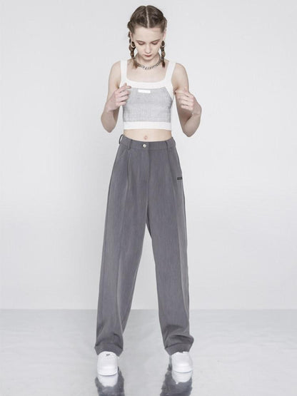 ANYQUESTION Gray High Waist Cinched Waistline Slimming Cuffed Wide Leg Women&