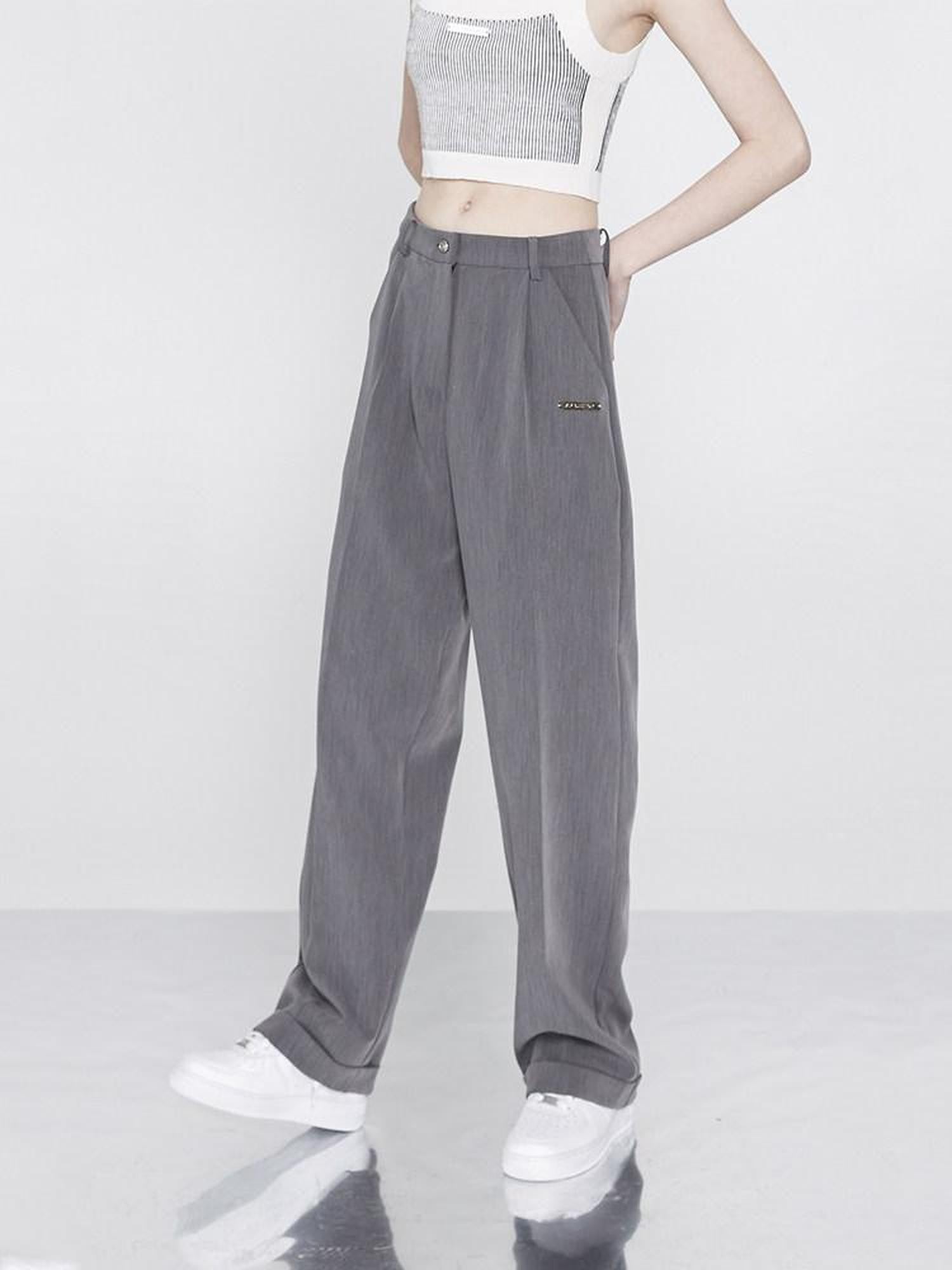 ANYQUESTION Gray High Waist Cinched Waistline Slimming Cuffed Wide Leg Women&