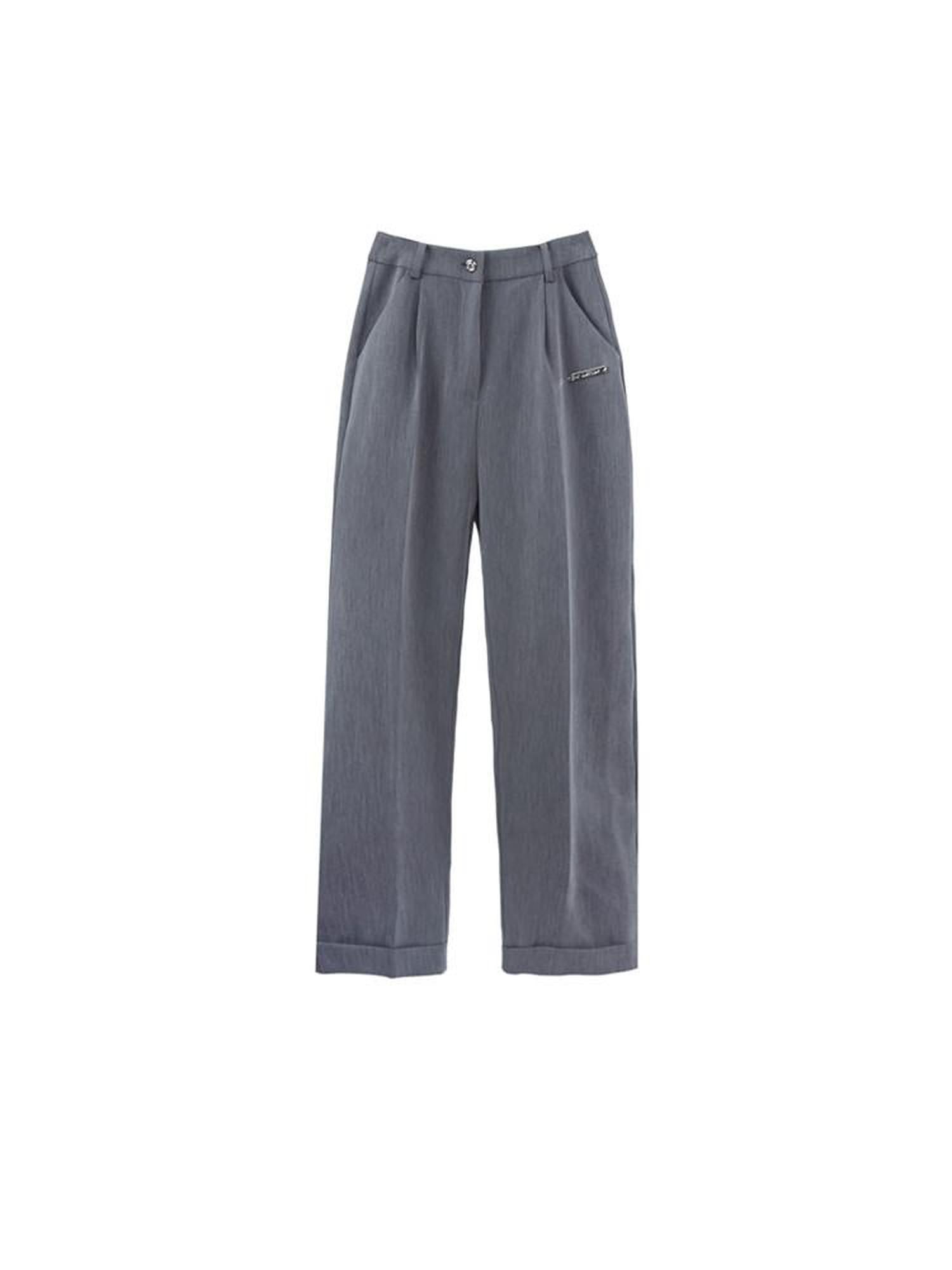 ANYQUESTION Gray High Waist Cinched Waistline Slimming Cuffed Wide Leg Women&