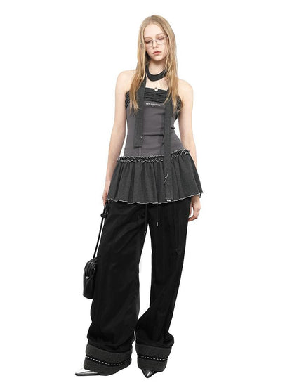 ANYQUESTION Gray Layered Colorblock Ruffle Strapless Women&