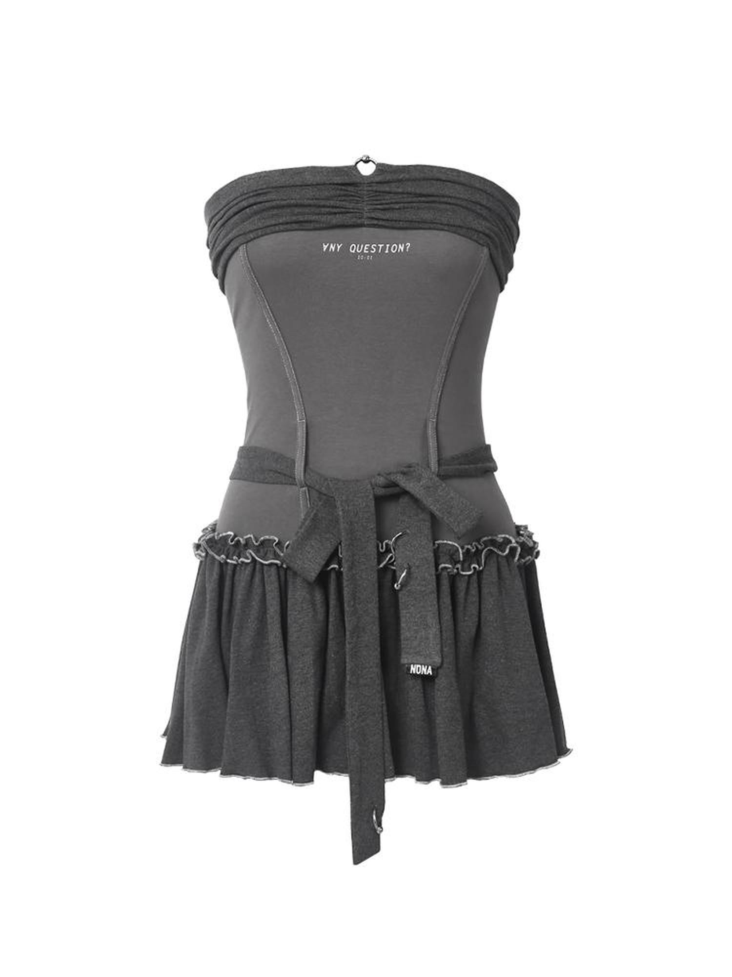ANYQUESTION Gray Layered Colorblock Ruffle Strapless Women&