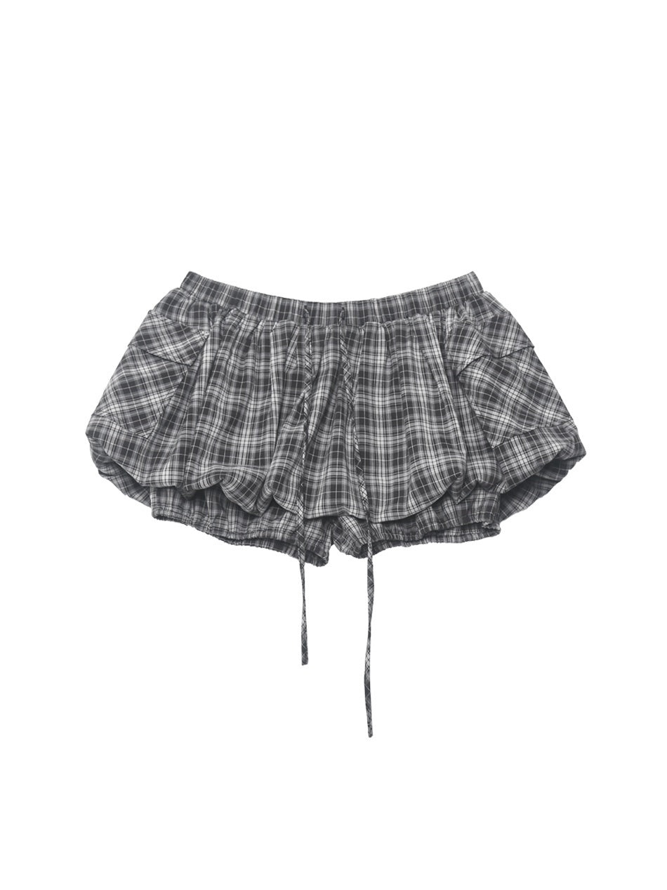 ANYQUESTION_Gray_Plaid_Low_Waist_Elastic_Tie_Pocket_Gathered_Short_Women&