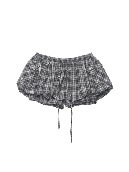 ANYQUESTION_Gray_Plaid_Low_Waist_Elastic_Tie_Pocket_Gathered_Short_Women&