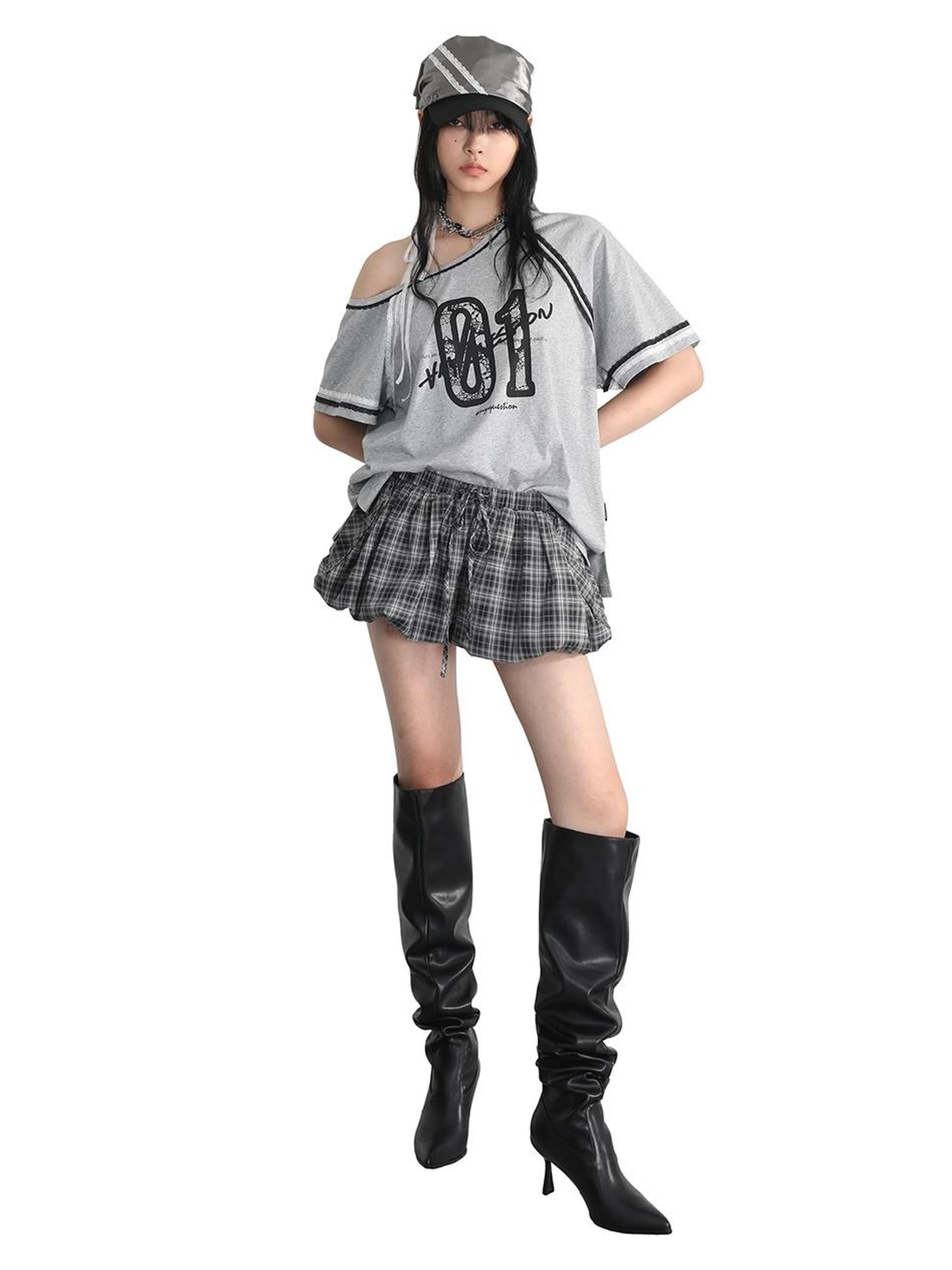 ANYQUESTION Gray Plaid Low Waist Elastic Tie Pocket Gathered Short Women&