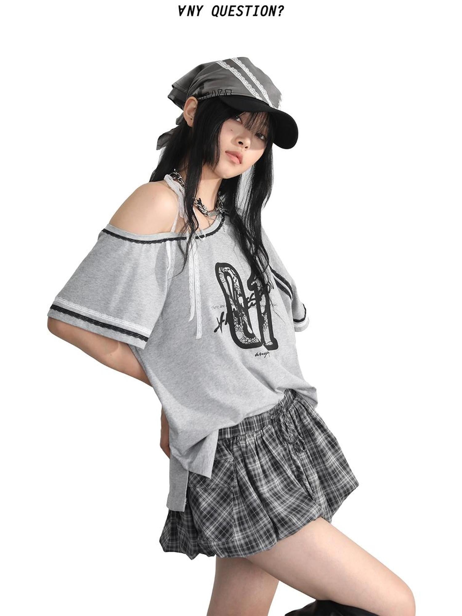 ANYQUESTION Gray Plaid Low Waist Elastic Tie Pocket Gathered Short Women&