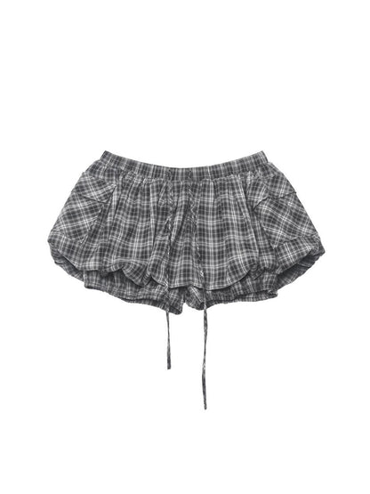 ANYQUESTION Gray Plaid Low Waist Elastic Tie Pocket Gathered Short Women&