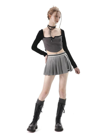 ANYQUESTION Gray Slit Pleated Black White Tape Women&