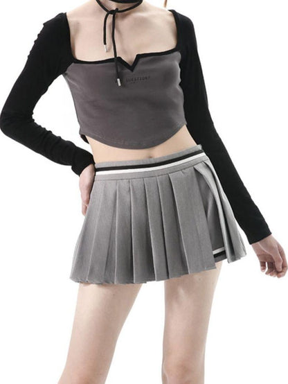 ANYQUESTION Gray Slit Pleated Black White Tape Women&