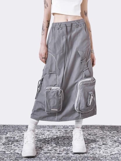 ANYQUESTION Gray Utility Elastic Waist Back Slit 3d Patch Pocket Women&