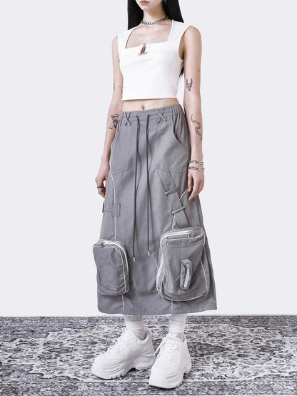 ANYQUESTION Gray Utility Elastic Waist Back Slit 3d Patch Pocket Women&