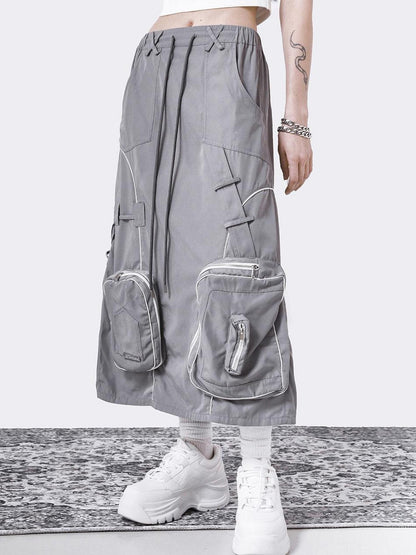 ANYQUESTION Gray Utility Elastic Waist Back Slit 3d Patch Pocket Women&