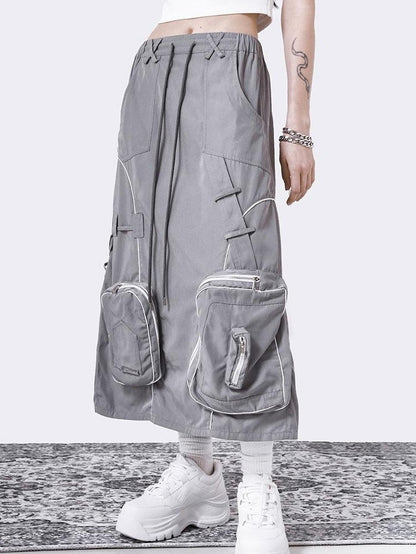 ANYQUESTION Gray Utility Elastic Waist Back Slit 3d Patch Pocket Women&