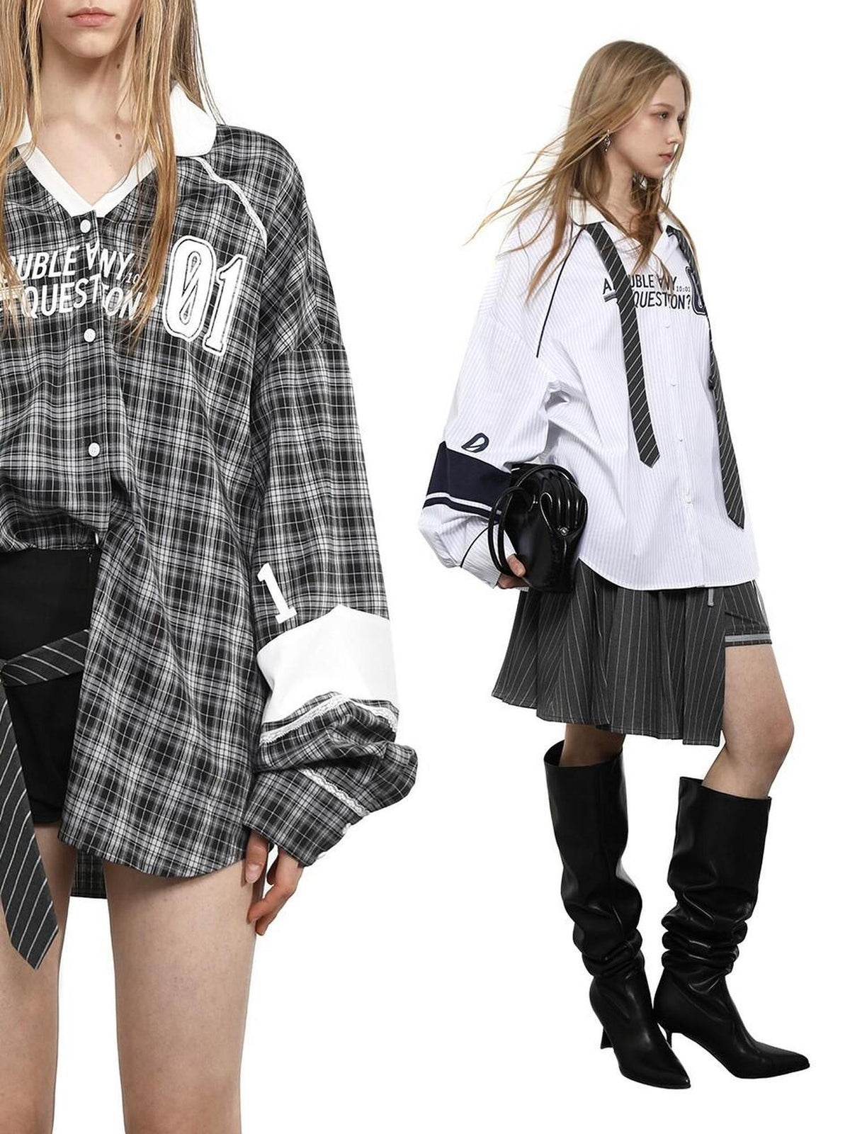 ANYQUESTION Gray White Check White Blue Stripe Logo Print Loose Casual Women&