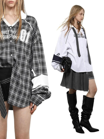 ANYQUESTION Gray White Check White Blue Stripe Logo Print Loose Casual Women&