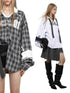 ANYQUESTION Gray White Check White Blue Stripe Logo Print Loose Casual Women&