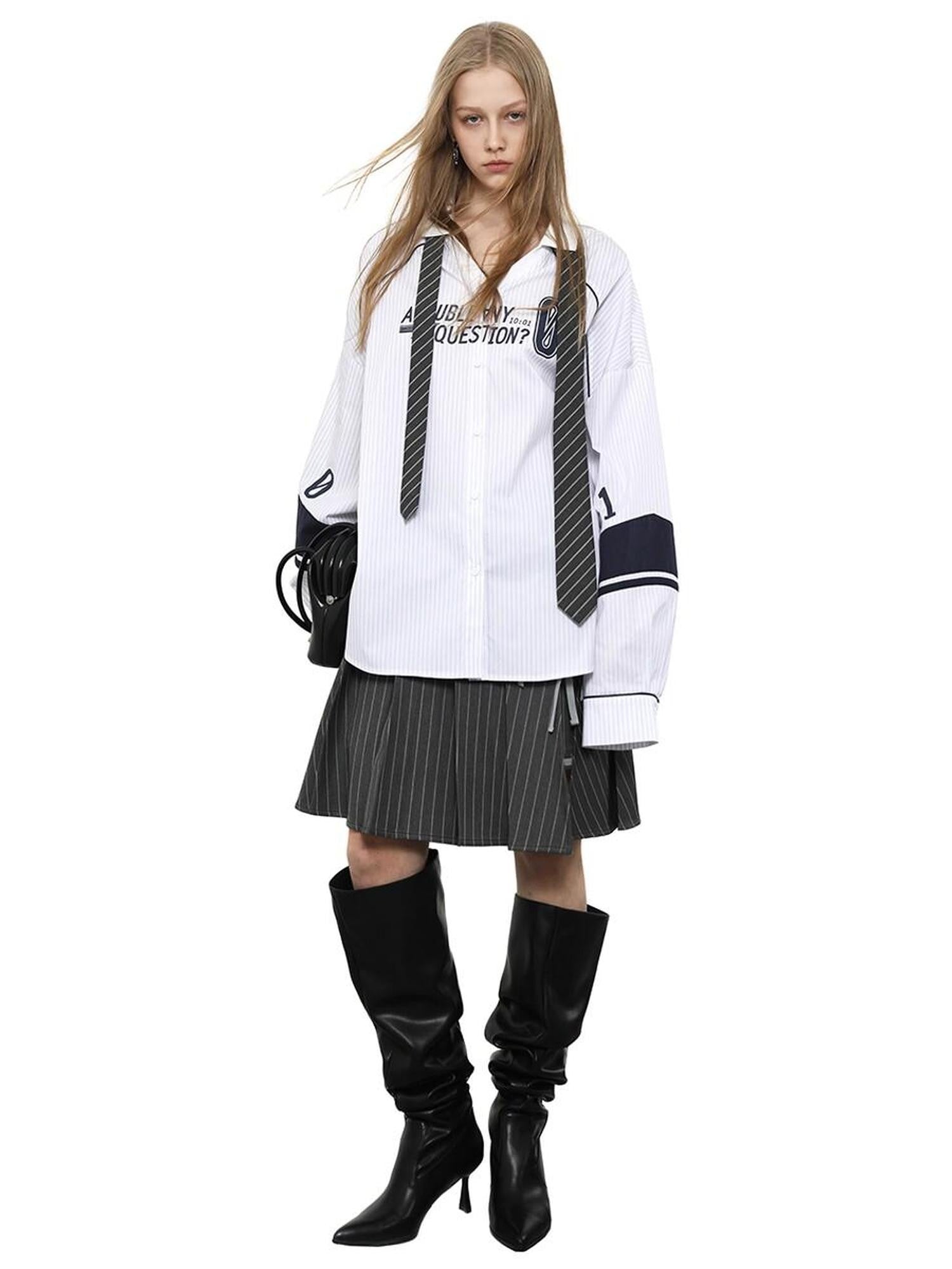 ANYQUESTION Gray White Check White Blue Stripe Logo Print Loose Casual Women&