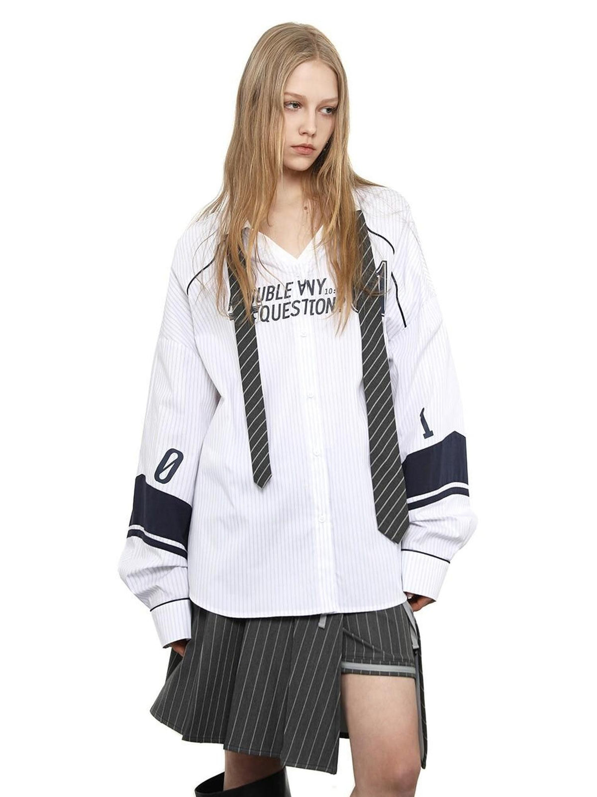 ANYQUESTION Gray White Check White Blue Stripe Logo Print Loose Casual Women&