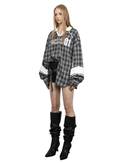 ANYQUESTION Gray White Check White Blue Stripe Logo Print Loose Casual Women&