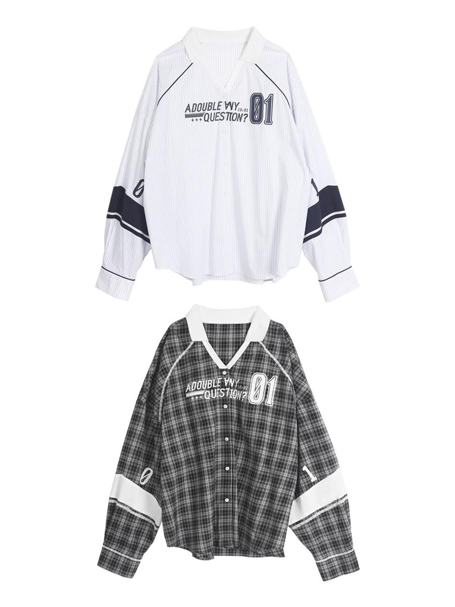 ANYQUESTION Gray White Check White Blue Stripe Logo Print Loose Casual Women&