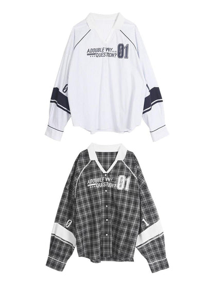 ANYQUESTION Gray White Check White Blue Stripe Logo Print Loose Casual Women&