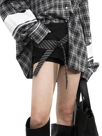 ANYQUESTION Gray White Check White Blue Stripe Logo Print Loose Casual Women&