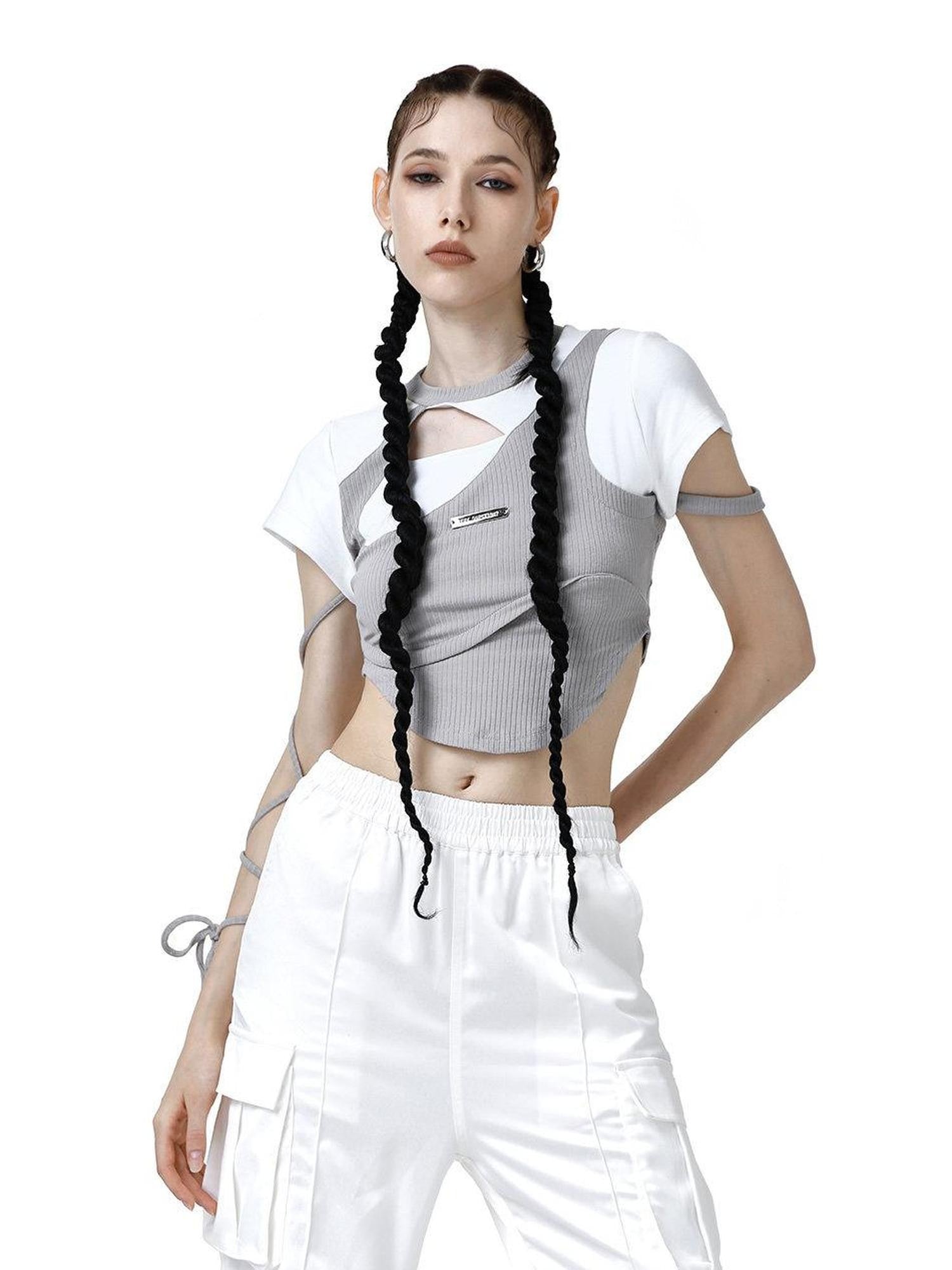 ANYQUESTION Gray White Colorblock Ribbed Cutout Laceup Women&