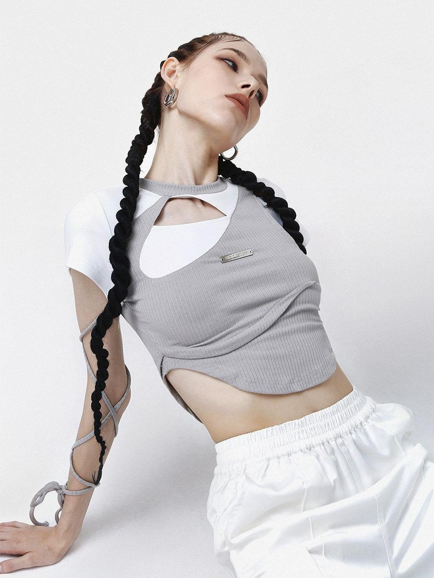 ANYQUESTION Gray White Colorblock Ribbed Cutout Laceup Women&