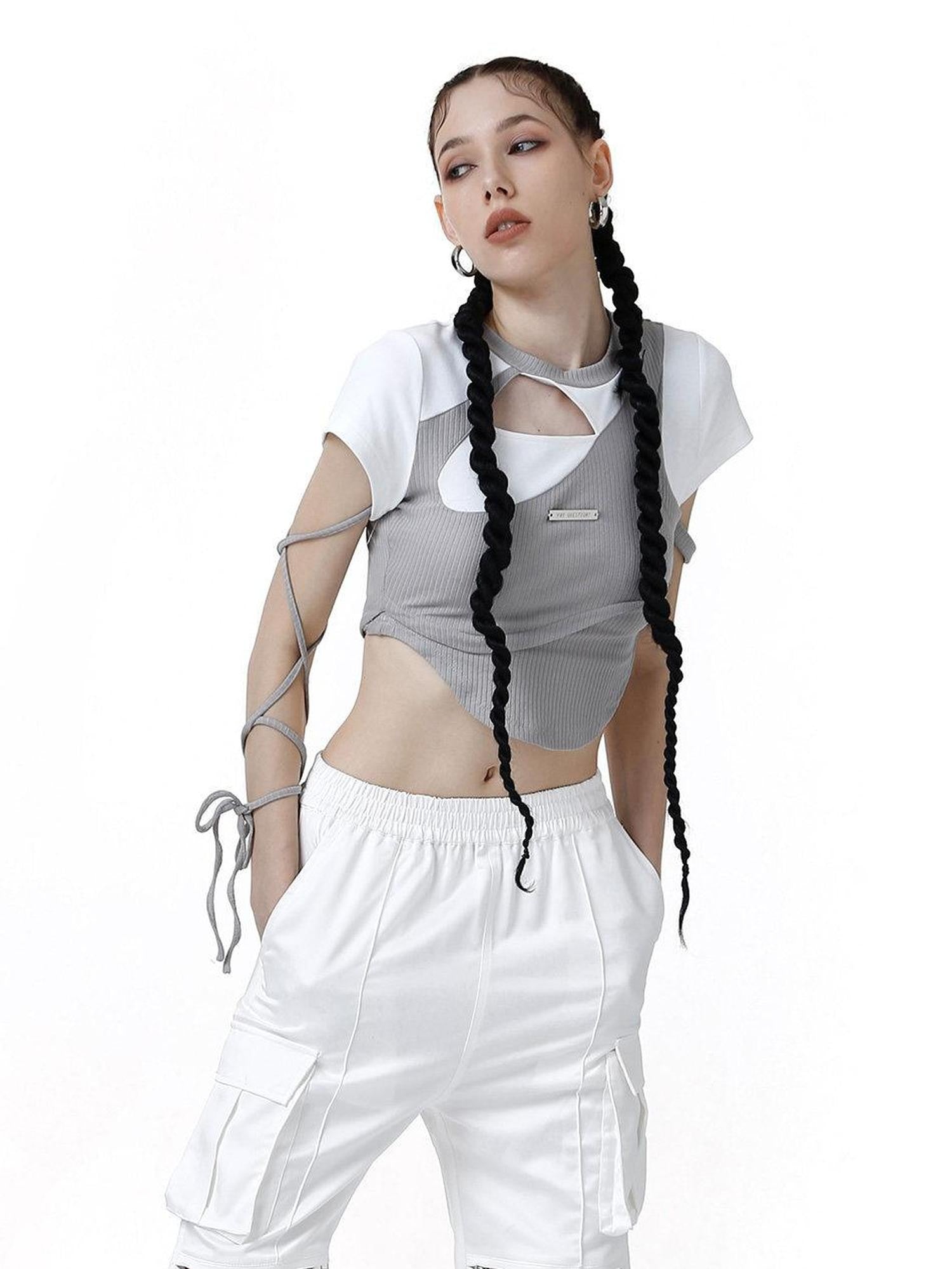 ANYQUESTION Gray White Colorblock Ribbed Cutout Laceup Women&